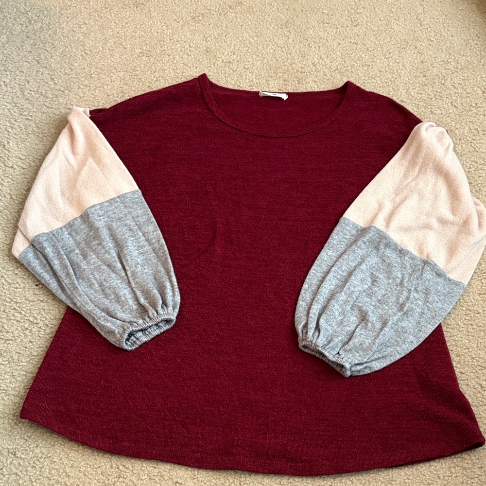 Entro Maroon Color Block Balloon Sleeve Sweater